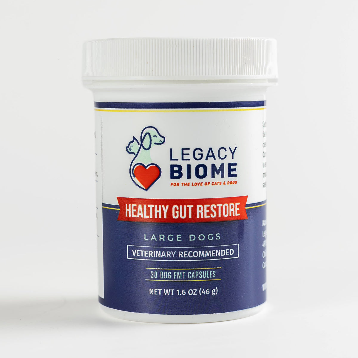 Pill bottle showing Legacy Biome Healthy Gut Restore FMT tablets for large dogs