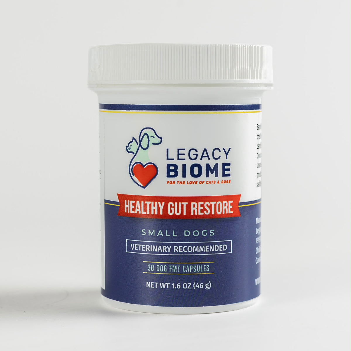 Pill bottle showing Legacy Biome Healthy Gut Restore FMT tablets for small dogs