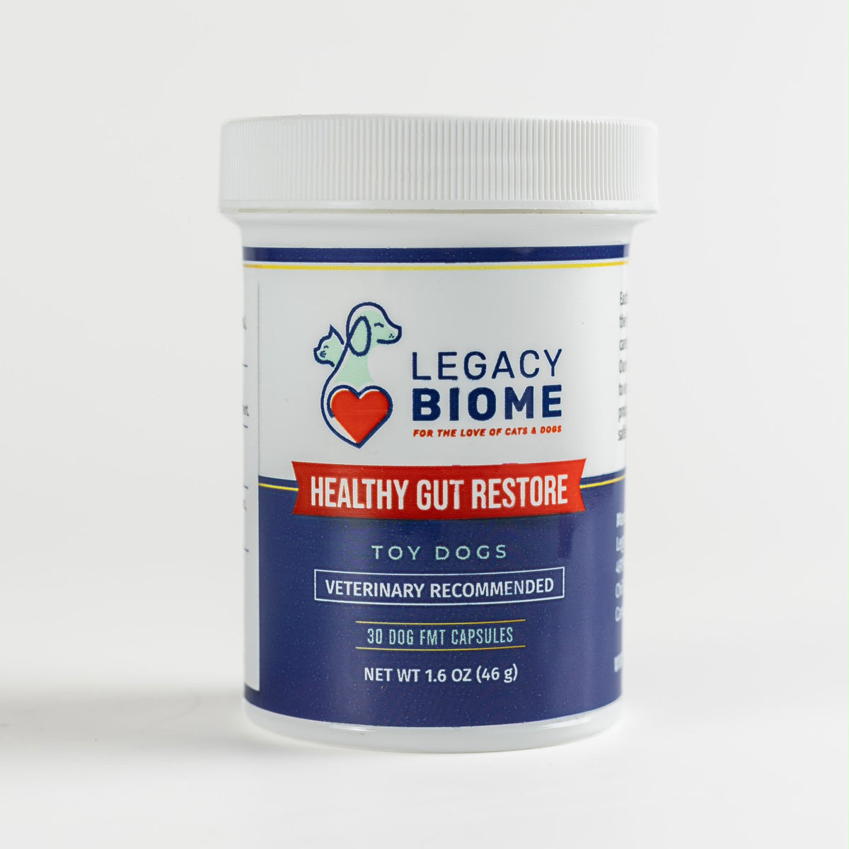 Pill bottle showing Legacy Biome Healthy Gut Restore FMT tablets for toy dogs